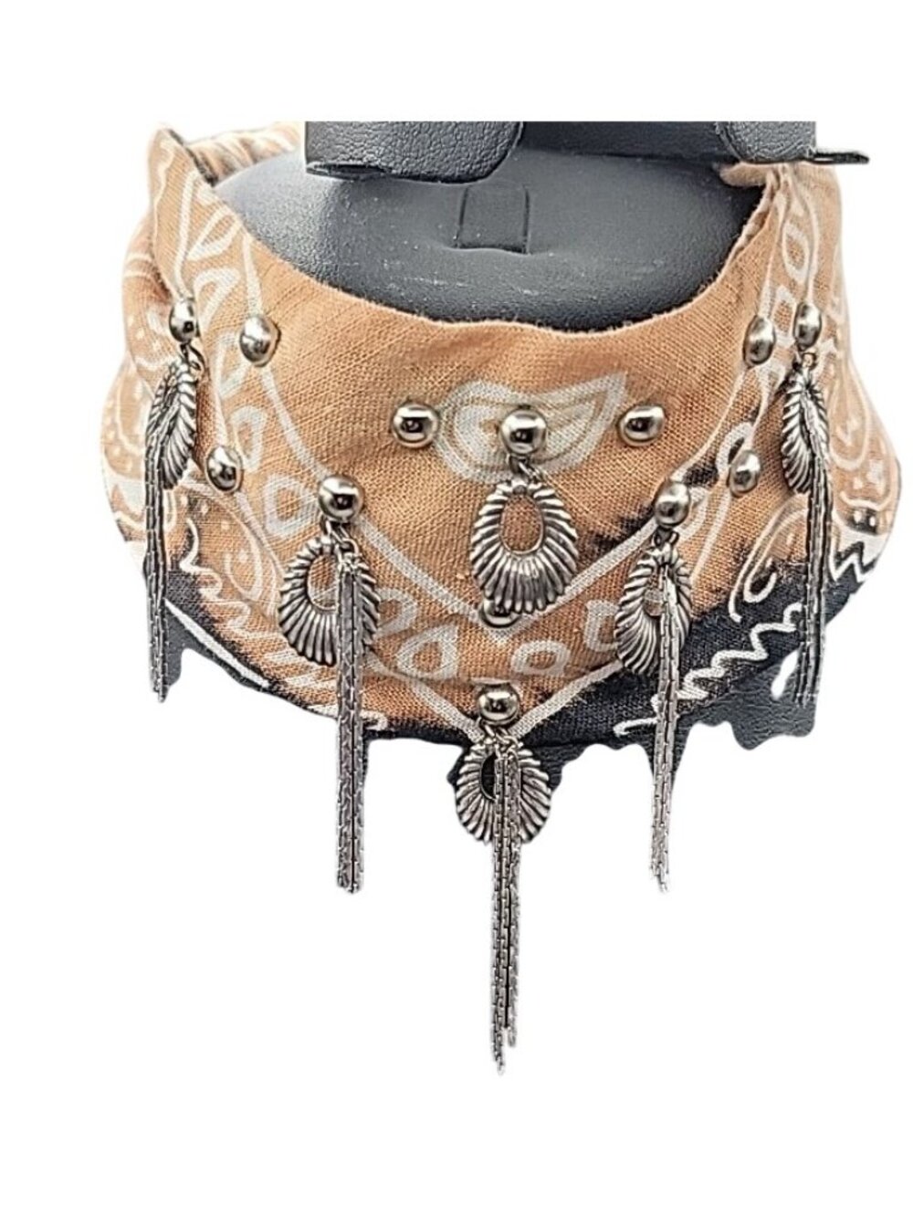 Dannijo Bandana Necklace Black Brown Print Silver Studs Fringe Boho Festival - Picture 2 of 13